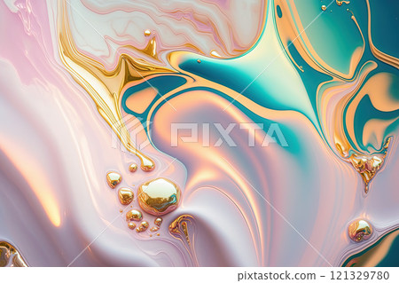 Holographic, white and gold marble background. Luxury marble ink texture. 121329780