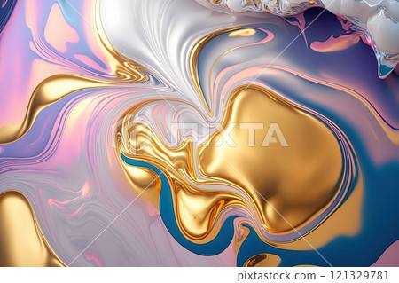 Holographic, white and gold marble background. Luxury marble ink texture. 121329781