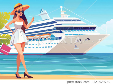 Illustration of young woman wearing sun hat and standing in front of cruise liner.AI Generative 121329789