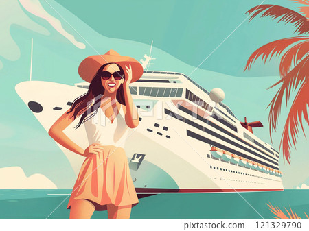Illustration of young woman wearing sun hat and standing in front of cruise liner.AI Generative 121329790