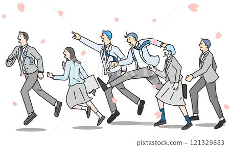 與櫻花奔跑的學生男女-簡介-全身-畢業-入學-人物簡單線描向量圖素材 121329883