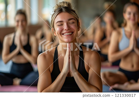 Young happy beautiful woman during yoga training in group class.Macro.AI Generative. 121330017