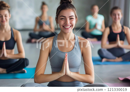 Young happy beautiful woman during yoga training in group class.Macro.AI Generative. 121330019