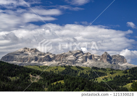 Dolomites sella mountains group view panorama landscape 121330028