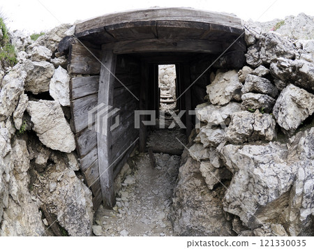 first world war mountain foxhole in Dolomites, Italy first world war mountain foxhole in Dolomites, Italy 121330035