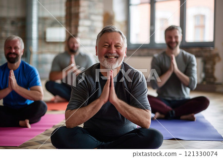 Older happy handsome fit man with grey beard during yoga training in group class.AI Generative. Older happy handsome fit man with grey beard during yoga training in group class.AI Generative. 121330074