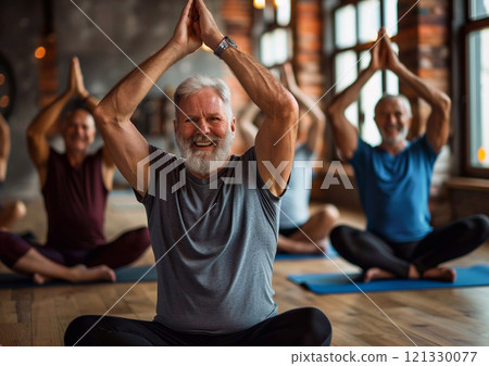 Older happy handsome fit man with grey beard during yoga training in group class.AI Generative. Older happy handsome fit man with grey beard during yoga training in group class.AI Generative. 121330077