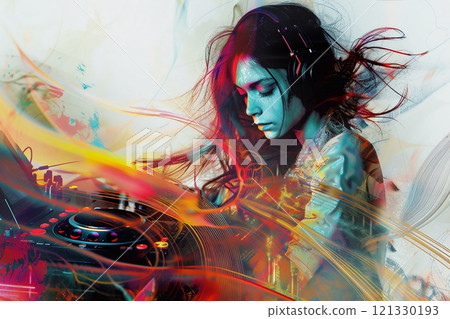Young beautiful woman dj abstract illustration in colorful background.Macro.AI Generative. 121330193