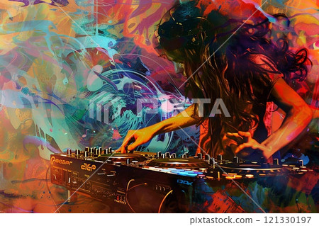 Young beautiful woman dj abstract illustration in colorful background.Macro.AI Generative. 121330197