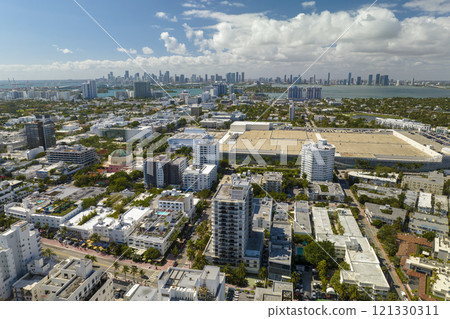 Florida vacation destination. South Beach architecture. Miami Beach city with high luxury hotels and condos. Tourist infrastructure in southern Florida, USA 121330311
