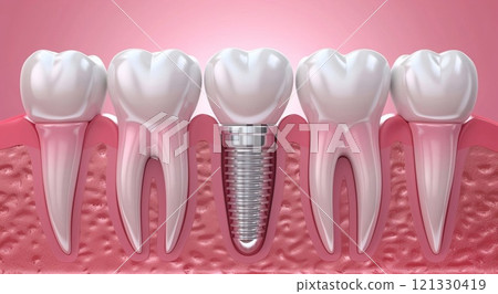 Concept of dental implant with teeth in pink jaw 3D scan of implantation concept.AI Generative. 121330419