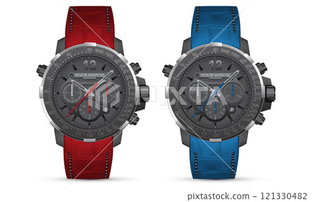 Realistic watch clock black face white number with red blue leather strap on isolated design classic luxury vector Realistic watch clock black face white number with red blue leather strap on isolated design classic luxury vector 121330482
