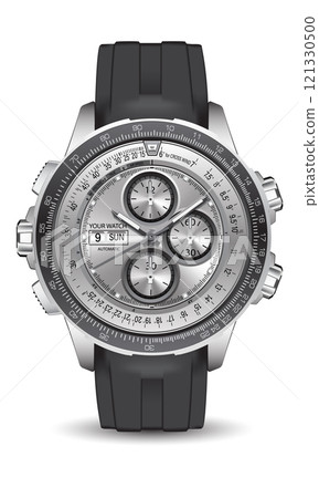 Realistic watch chronograph stainless steel black rubber clockwise on white fashion for men design luxury isolated vector 121330500