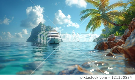 Tropical vacation concept with palms and blue ocean and small private yacht.AI Generative. 121330584
