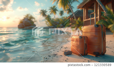 Two pieces of luggage standing on beach of sunny summer tropical vacation resort.AI Generative. Two pieces of luggage standing on beach of sunny summer tropical vacation resort.AI Generative. 121330589
