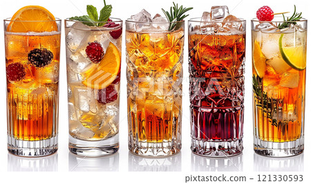 Glasses of various alcoholic cocktails with ice cubes and dressing on white.AI Generative. 121330593