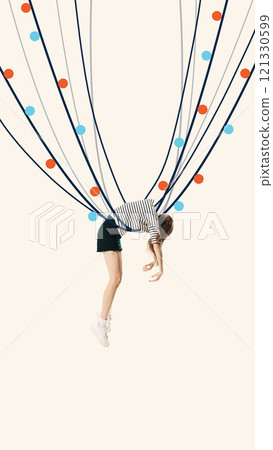 Contemporary art collage. Woman entangled in garlands, illustrating helplessness in navigating complex workplace responsibilities and emotional dynamics. 121330599