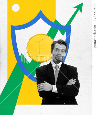 Contemporary art collage. Confident young businessman with coin protected by shield against background with chart arrow positing up. Contemporary art collage. Confident young businessman with coin protected by shield against background with chart arrow positing up. 121330628