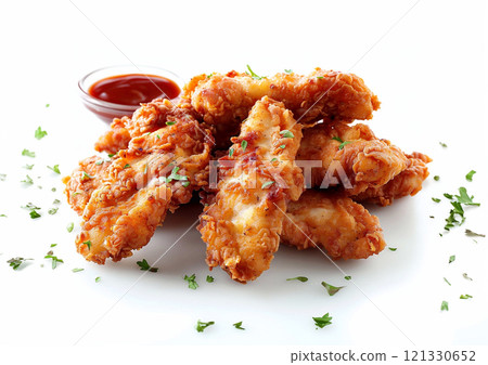 Crispy fried breaded chicken strips with ketchup on white background.Macro.AI Generative. 121330652