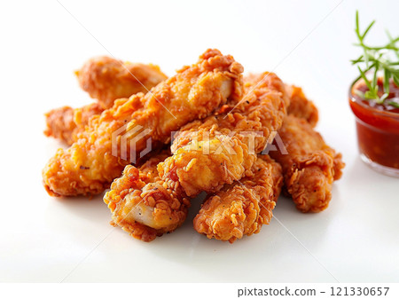 Crispy fried breaded chicken strips nuggets on white background.Macro.AI Generative. 121330657