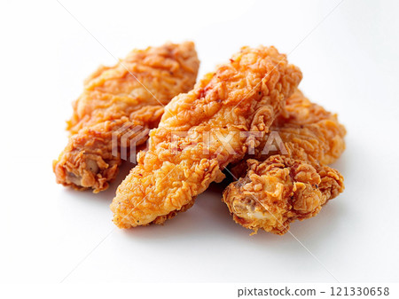 Crispy fried breaded chicken strips nuggets on white background.Macro.AI Generative. Crispy fried breaded chicken strips nuggets on white background.Macro.AI Generative. 121330658