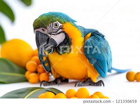 Large blue and yellow macaw parrot on white background with tropical fruits.Macro.AI Generative. 121330659