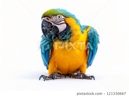 Large blue and yellow macaw tropical parrot on white background.Macro.AI Generative. 121330667