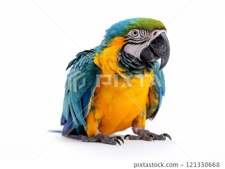 Large blue and yellow macaw tropical parrot on white background.Macro.AI Generative. 121330668
