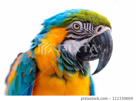 Large blue and yellow macaw tropical parrot on white background.Macro.AI Generative. 121330669