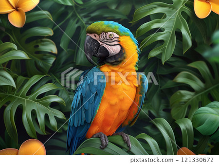 Blue and yellow macaw tropical parrot on green exotic forest background.Macro.AI Generative. Blue and yellow macaw tropical parrot on green exotic forest background.Macro.AI Generative. 121330672