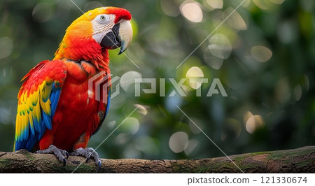 Red large macaw tropical parrot on green exotic forest background.Macro.AI Generative. 121330674