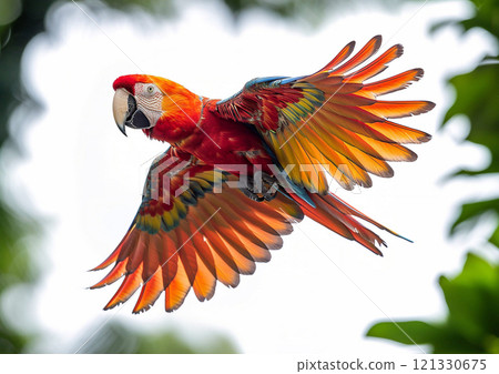 Large red macaw parrot flying in tropical green forest.Macro.AI Generative. 121330675