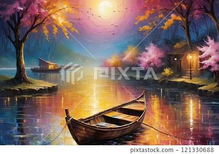 Dreamy River Scene: Colossal Crescent Moon, Luminous Trail, and Pink Blossoms 121330688