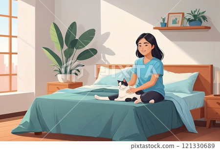 Happy Young Woman Waking Up with Cat in Cozy Bedroom 121330689
