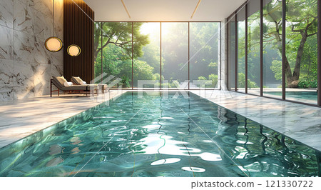 Indoor marble stone swimming pool in luxury in luxury modern house on tropical resort.AI Generative. 121330722
