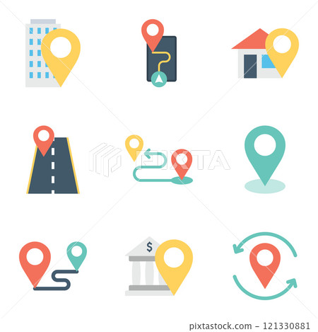Location icons set. Navigation. Route. Map pointer. Location symbols. 121330881