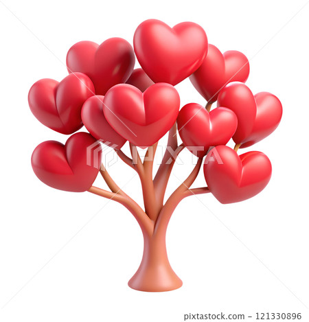 Tree with red heart-shaped leaves 3d illustration isolated on the transparent background 121330896
