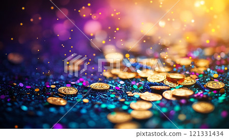 A table covered in gold and purple beads. The beads are scattered all over the table. The table is blue in color A table covered in gold and purple beads. The beads are scattered all over the table. The table is blue in color 121331434