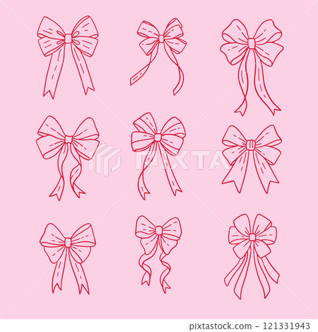 Coquette aesthetic bows set, crafts pink ribbon, linear gift bow clipart. Fashion decoration valentine gift elements. Vector hand drawn illustration. 121331943