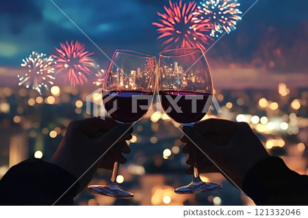 Couple celebrating with wine glasses against fireworks over city skyline Couple celebrating with wine glasses against fireworks over city skyline 121332046