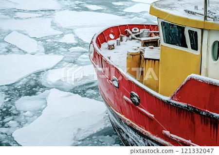 Red fishing boat sailing through frozen sea ice in winter Red fishing boat sailing through frozen sea ice in winter 121332047