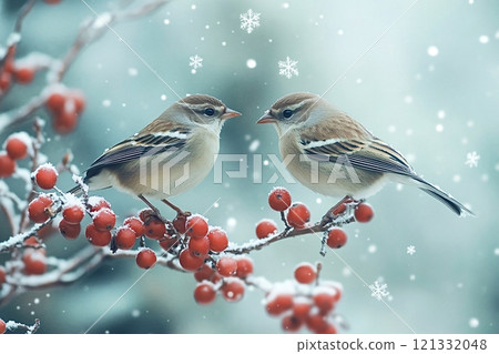 Two sparrows perched on snow covered branch with red berries in winter 121332048