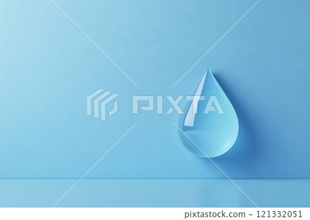 Big water drop symbolically representing purity and hydration on blue background 121332051