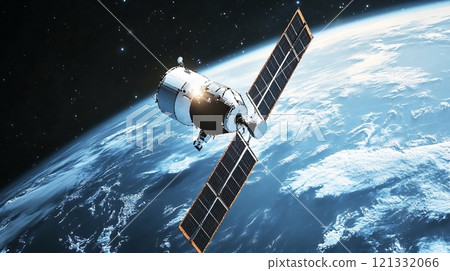 Spacecraft orbiting earth with solar panels deployed in space Spacecraft orbiting earth with solar panels deployed in space 121332066