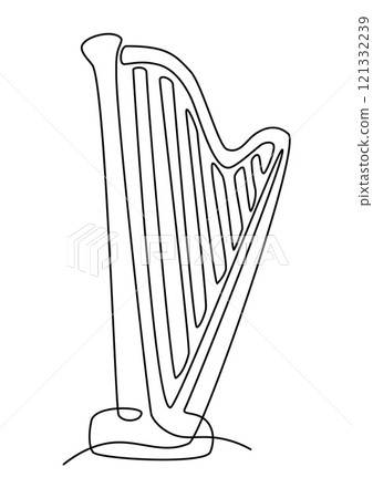 Musical instrument. Continuous line harp. String orchestra. Classic acoustic music. Ancient culture performance. Concert sounds. Play antique melody. Lyre tunes. Harpist art. Vector outline sketch 121332239
