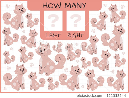 Dog icons. Counting pets. Workbook test. Kids preschool worksheet. How many animals. Math calculation. Finding identical cartoon puppies. Sorting quiz. Children game. Vector educational puzzle design 121332244