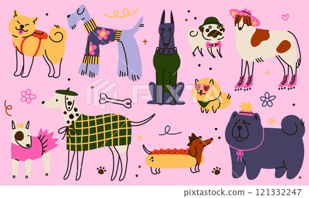 Dog cute. Pet animal funny in clothes. Icon character, happy day doodle cartoon pets about love. Little puppy sketch. Drawn Labrador and poodle. Vector cartoon flat isolated childish illustration 121332247
