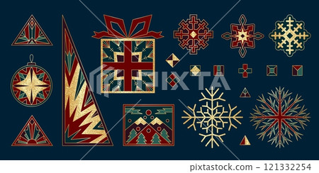 Geometric New Year element. Modern Christmas tree. Gold texture. Xmas balloon. Holiday gift box. Snowflake or garland star. Festive winter decor. Elegant mosaic ornament. Vector golden foil shapes set Geometric New Year element. Modern Christmas tree. Gold texture. Xmas balloon. Holiday gift box. Snowflake or garland star. Festive winter decor. Elegant mosaic ornament. Vector golden foil shapes set 121332254