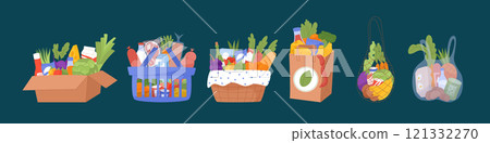 Shop bag. Market plastic basket. Container delivery product. Purchase groceries, vegetables and fruit, food. Order from the supermarket. Cartoon flat isolated illustration. Vector garish illustration 121332270