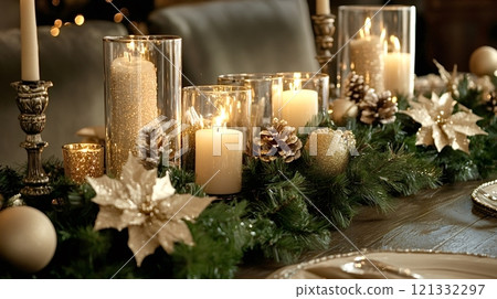 Christmas table decorating ideas with candles, garland, and ornaments 121332297